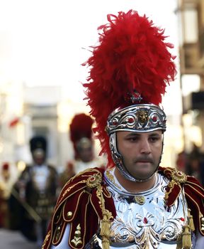 Man dressed up as a Roman Centurion during reenactment of Biblical times  