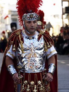 Man dressed up as a Roman Centurion during reenactment of Biblical times  