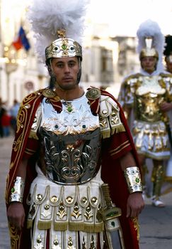 Man dressed up as a Roman General during reenactment of Biblical times  