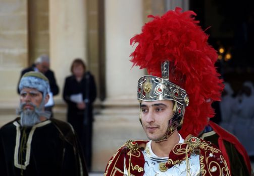 Man dressed up as a Roman Centurion during reenactment of Biblical times  