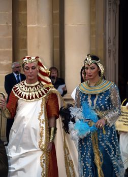 People dressed up as Egyptian rulers during reenactment of Biblical times  