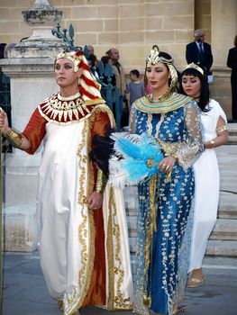 People dressed up as Egyptian rulers during reenactment of Biblical times  