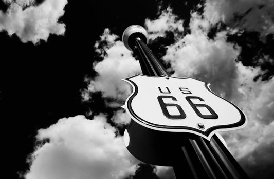 Route 66 sign on tall street lamp pole