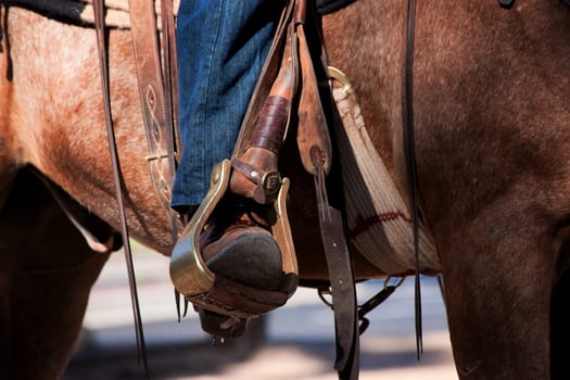 Cowboy's leg and foot in stirrup on horse