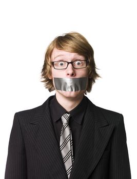 Man with tape over his mouth