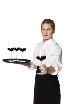 Waitress with a tray of wineglasses