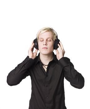 Man with headphones listen to music
