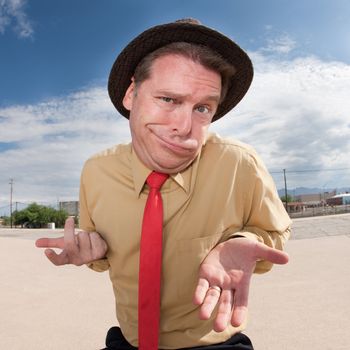 Caucasian businessman in hat with open hands outside