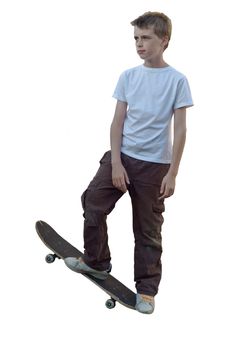 an image of a young highlitened haired skateboarder isolated on white for ease of use.