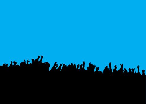 Black silhouette of crowd hands at concert with blue background