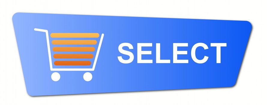 Blue select button with a shopping cart on white background.