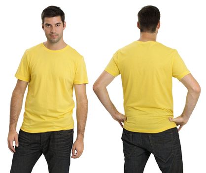 Young male with blank yellow t-shirt, front and back. Ready for your design or logo.