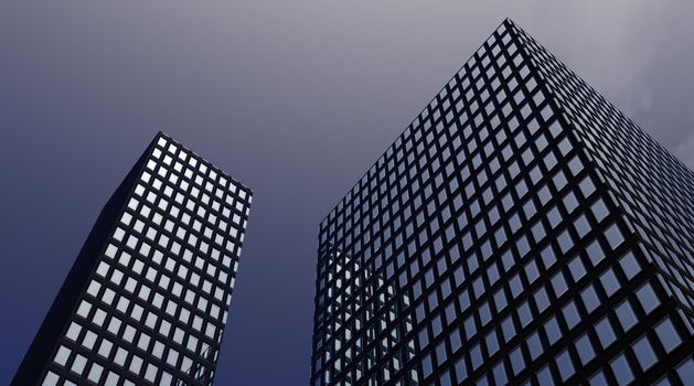 Two illuminated buildings in the dusk