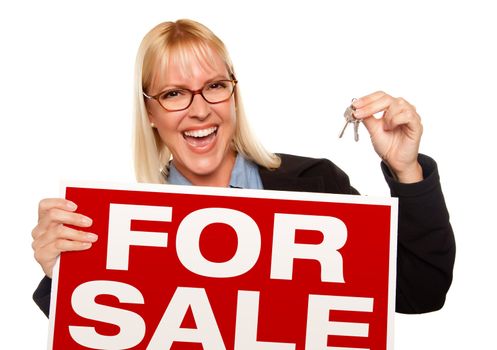 Attractive Blonde Holding Keys & For Sale Sign Isolated on a White Background.