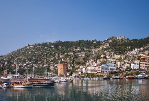 Yacht port in Turkey, sunny mediterranean harbour view.