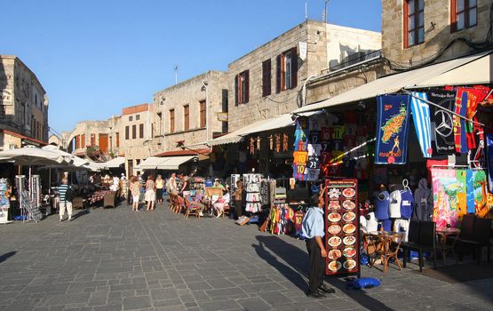 Tourist shops and restaurants in the old part of Rhodes Town, Greece