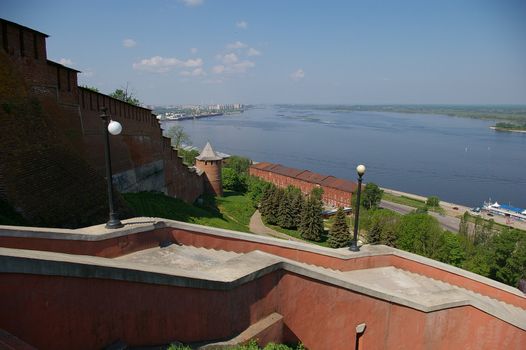 overhand view on city with fortress and river
