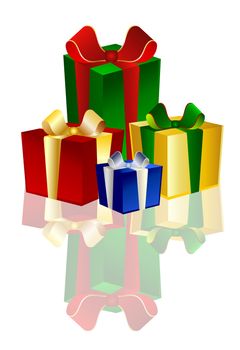 4 colorful Presents with reflection