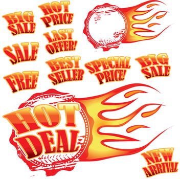 Set of hot sale stickers and rubber stamp with flames