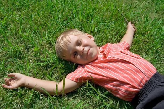 The little boy lies a sunny day on a lawn, having blinked the eyes