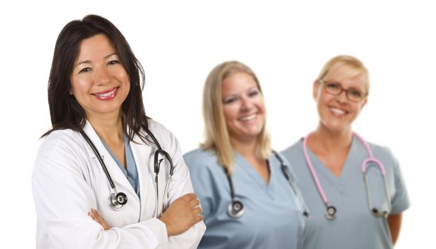 Friendly Hispanic Female Doctor and Colleagues Behind Isolated on a White Background.