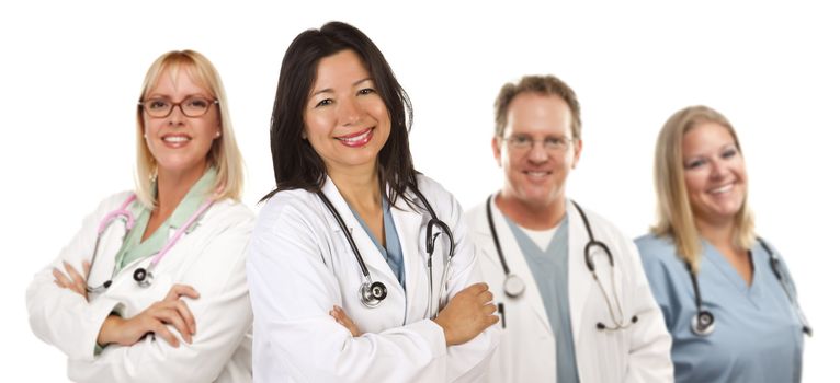 Friendly Hispanic Female Doctor and Colleagues Isolated on a White Background.