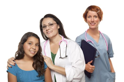 Pretty Hispanic Female Doctor with Child Patient and Colleague Behind Isolated on a White Background.