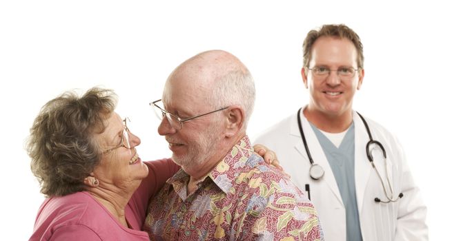 Happy Loving Senior Couple with Smiling Medical Doctor or Nurse Behind Isolated on a White Background.