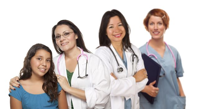 Pretty Hispanic Female Doctor with Child Patient and Colleagues Behind Isolated on a White Background.
