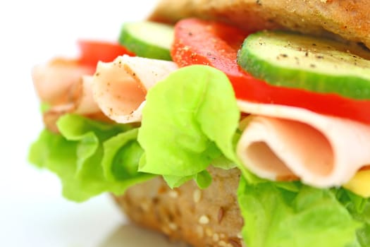 Fresh sandwich with ham and cheese and vegetables