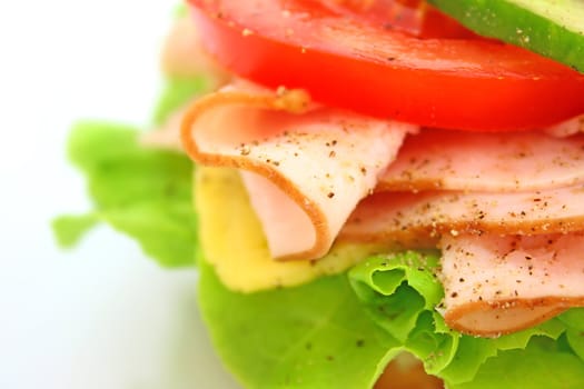 Fresh sandwich with ham and cheese and vegetables