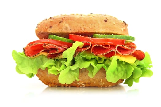 Fresh sandwich with salami cheese and vegetables