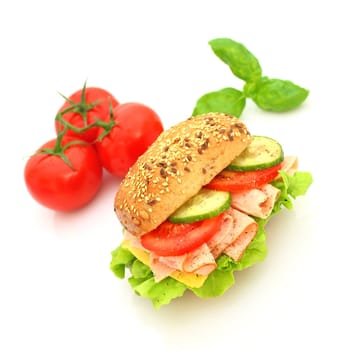 Fresh sandwich with ham and cheese and vegetables