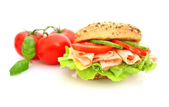 Fresh sandwich with ham and cheese and vegetables