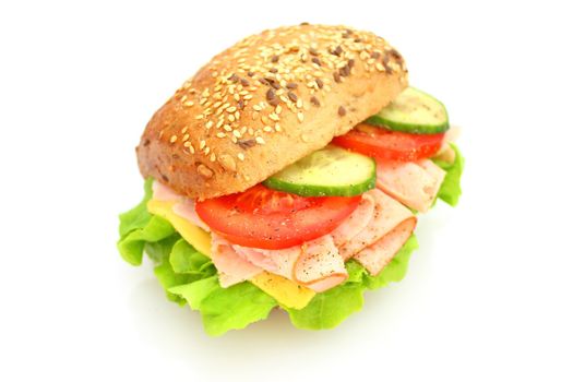 Fresh sandwich with ham and cheese and vegetables