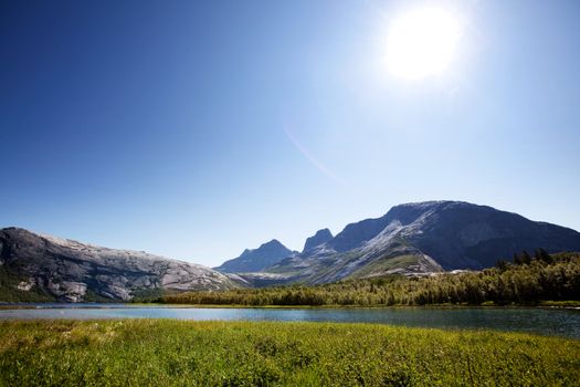 A lake landscape with moutain in northern Norway