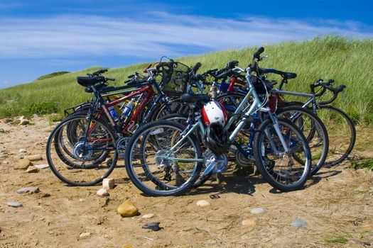 A group of bikes parked on a Martha's Vineyard beach