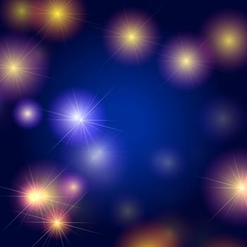 white and yellow stars over blue and violet background, lights, gleams