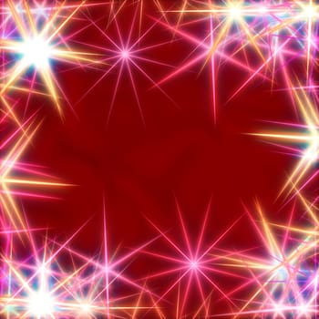 white stars over red background, lights, gleams