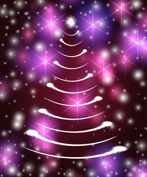 christmas tree drawn by white lights over violet background with stars