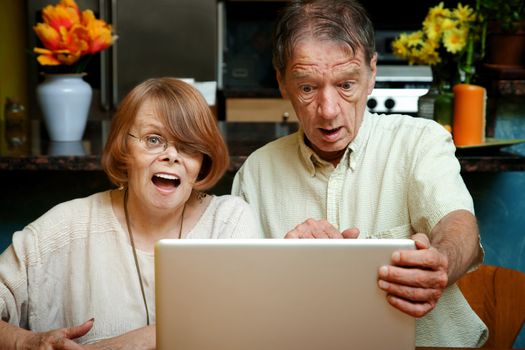 Senior couple shocked at the content on their laptop computer