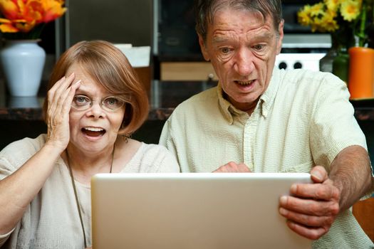 Senior couple shocked at the content on their laptop computer