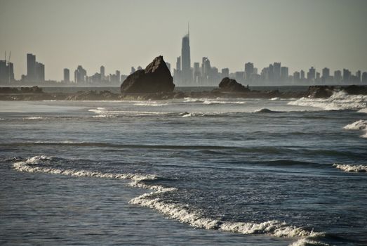 Skyscrapers of Surfers Paradise viewed from a distant shore