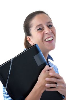 Middle aged business woman laughing with head back holding a black file on a white background