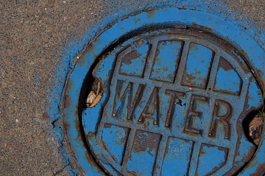 A water meter cover is painted blue in downtown Denver, Colorado.