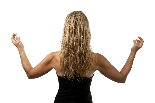 Yoga pose, back of blond woman in black outfit standing hands appart