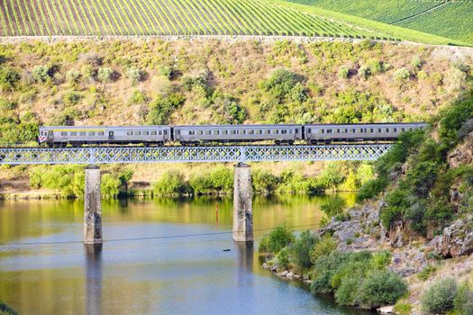 train on railway viaduct in Douro Valley, Portugal