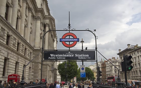 London, UK - July 21, 2011: Entrance to the Westminster subway station on July 21, 2011 in London, UK.