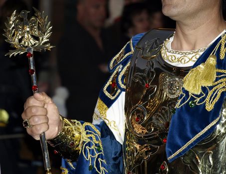 Man dressed up as a Roman Emperor during reenactment of Biblical times  