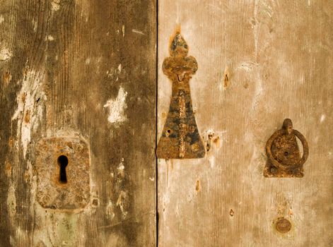 Authentic medieval lock and fittings on a door in Mdina on the island of Malta